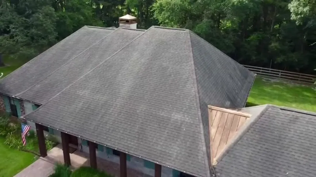 Aerial view of the worn original roof before replacement