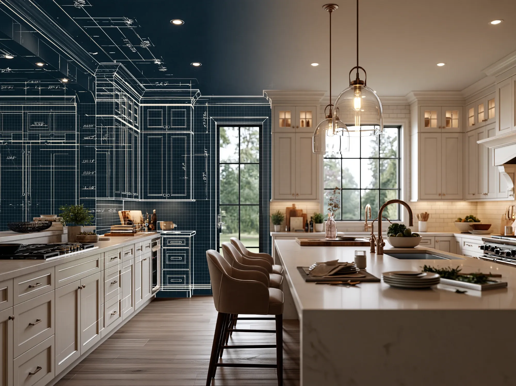 A kitchen design drawing giving way to the finished remodel, with an island, pendant lights and fitted cabinetry