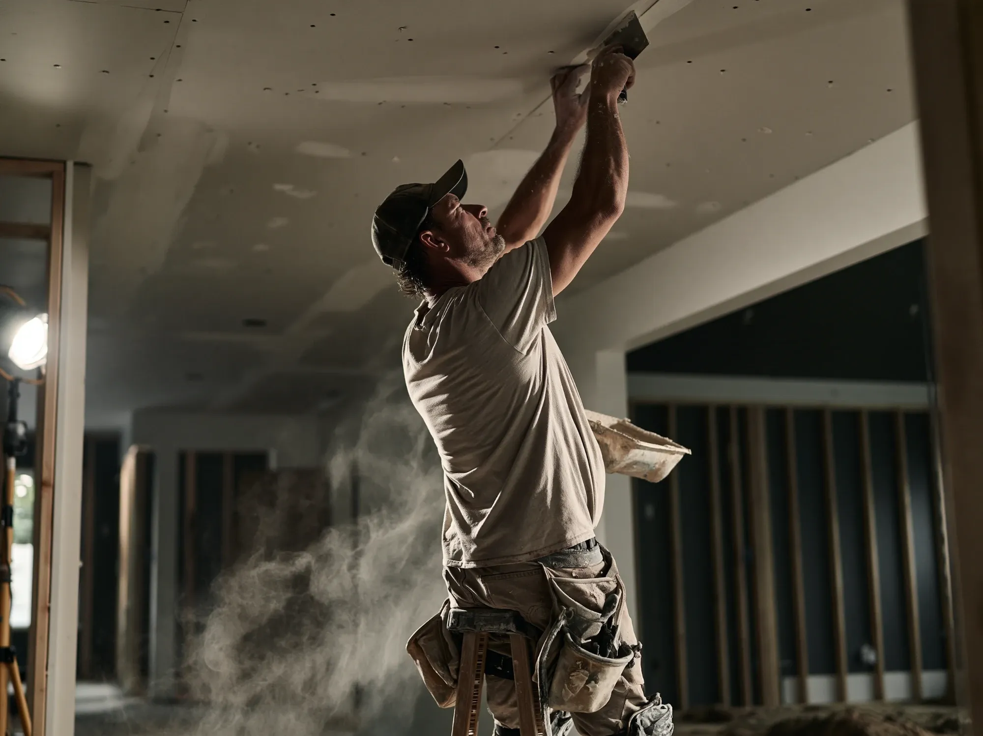 Finisher smoothing joint compound along a new sheetrock ceiling in a house under construction